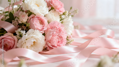 Beautiful pastel bouquet with soft pink white and lilac flowers gently arranged in natural light perfect for romantic wedding celebration spring gift love and elegant floral design