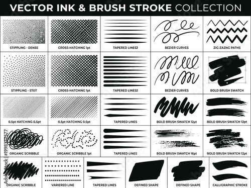 Vector Ink and Brush Stroke Collection with Stippling, Hatching, Tapered Lines, and Hand-Drawn Scribbles for Digital Illustration