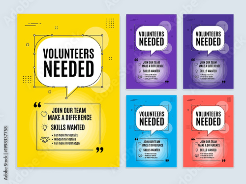 Volunteers Needed Flyer Template Set with Modern Colorful Speech Bubble Design for Non-Profit Charity Recruitment and Community Service Announcements