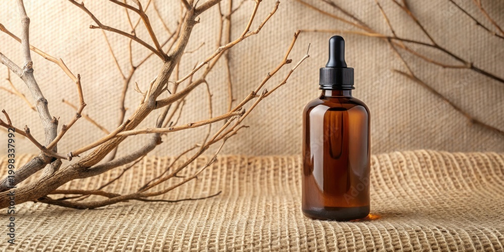 Fototapeta premium Amber bottle with dropper on burlap background, near dried branches