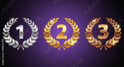 Shiny laurel wreaths with numbers represent first, second, and third place rankings.