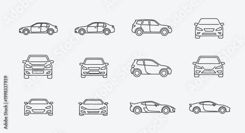 Diverse Automobile Collection Linear Icons Set - Vehicle Types