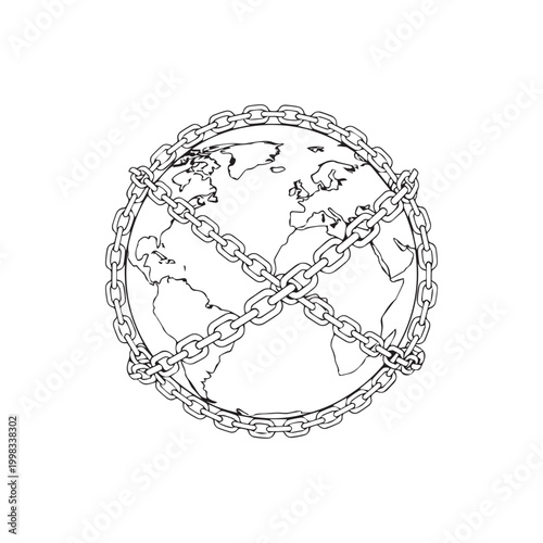 Globe wrapped in chain links illustration