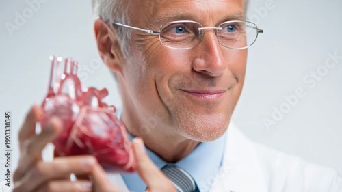 A smiling doctor in a white coat holds a human heart model.