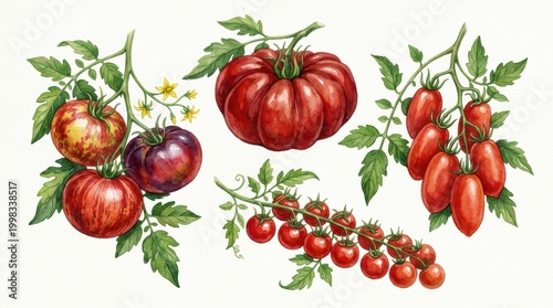 Variety of Colorful Tomatoes and Fresh Greens in a Watercolor Style Showing Different Types and Shapes of Tomatoes on a Light Background