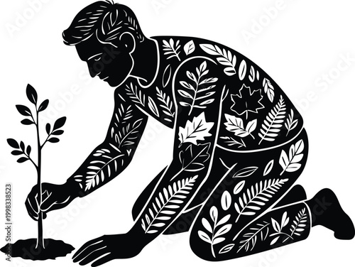 Man with body full of leaf patterns planting a tree sapling vector illustration of environmental conservation and deep connection with nature