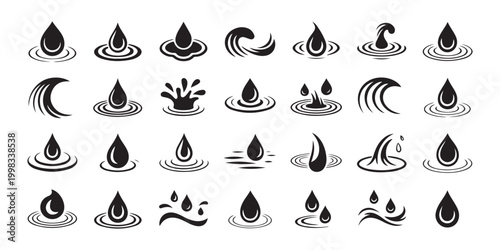 Large collection of black water drop ripples and wave splash silhouettes for logo design elements.