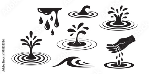 Obraz na plátně Set of artistic water splash silhouettes and hand catching liquid droplets for creative branding