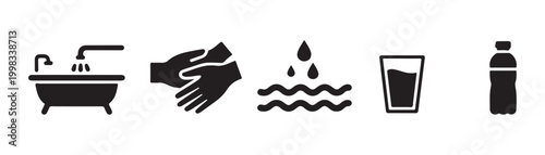 Bath with running water, washing hands, water drop over waves, drinking glass, and water bottle.