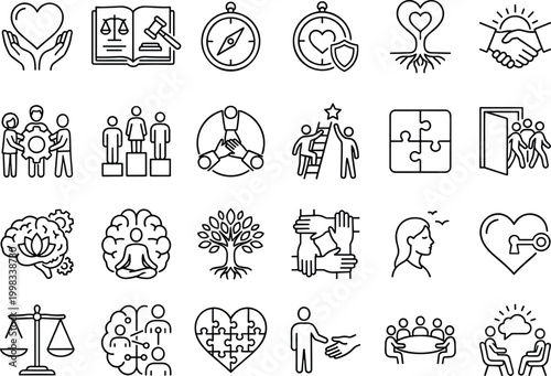 Empathy and ethics line art icon set featuring concepts of teamwork, mental health, equality, and mindfulness in editable stroke style.