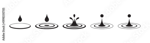 Sequence of water drop impact creating ripples and splashes on a liquid surface.
