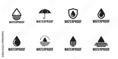 Waterproof concept icons featuring shield umbrella drop wave and text label.