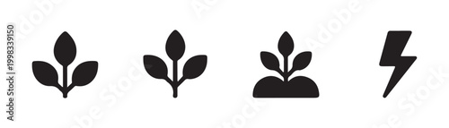Ecological growth icons set with leaf sprouts and energy lightning bolt symbols on transparent.