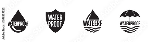 Waterproof icon set with water drop, shield, and umbrella designs for labels and branding.