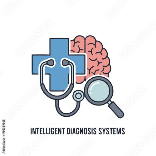 Conceptual illustration of intelligent diagnosis systems with medical symbols.