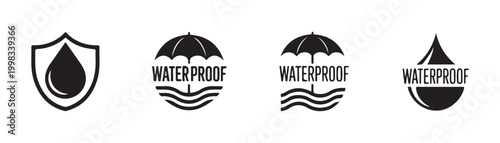 Waterproof icon set with shield, umbrella, and water drop designs for product labels.