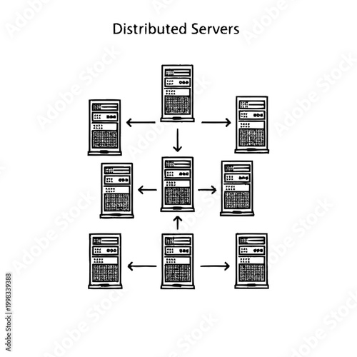 Illustration of a distributed server network with interconnected computers.
