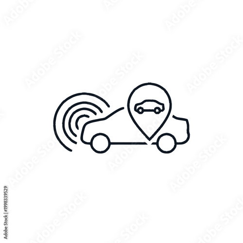Car tracking icon with GPS location pin and signal waves, representing vehicle location and navigation technology.