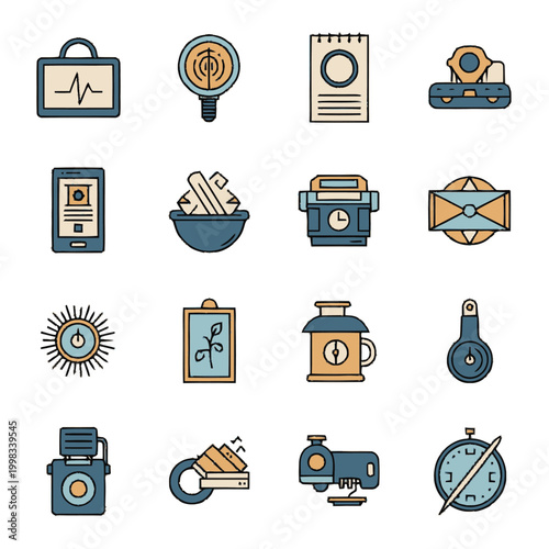 A collection of flat design icons representing various medical and scientific tools and concepts.