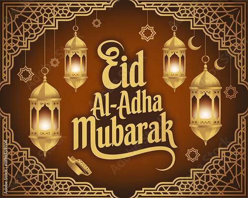 Golden Eid al-Adha Mubarak Greeting with Lanterns and Islamic Patterns