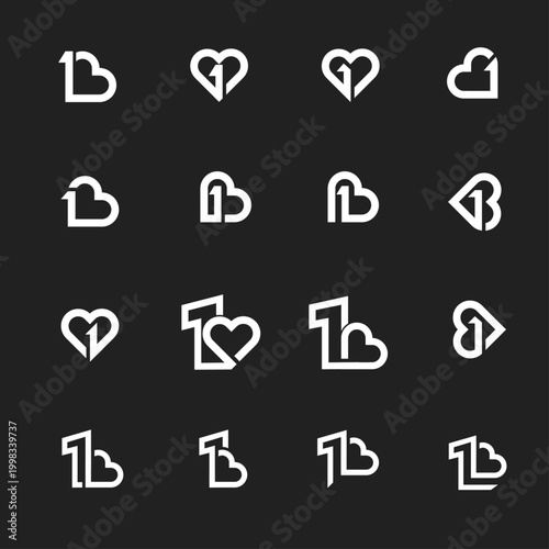 1B Letter B Heart House Logo Design Monogram Symbols Set