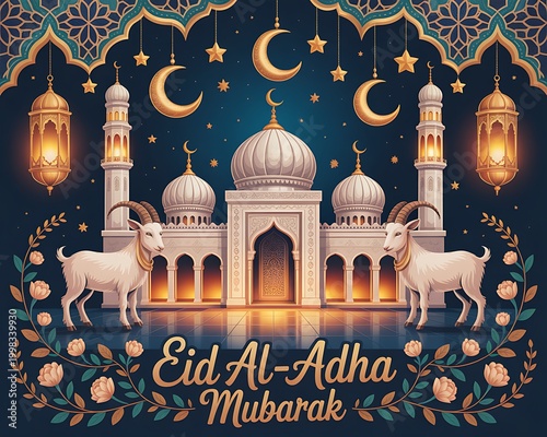 Elegant Eid al-Adha Mubarak Illustration with Mosque, Goats, and Lanterns