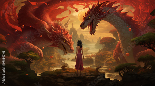 Girl facing two red dragons in a fantasy landscape during sunset