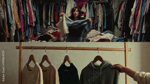 A woman looks through a messy closet, and then a hand reaches for a hoodie on a rack.