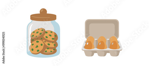 Food items. Ready-to-cook products, grocery store items, and canned goods. A jar of cookies, a pack of whipped cream, and a carton of eggs.