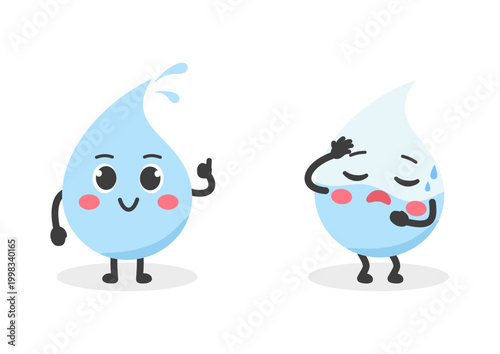 Cute water drop character comparison. Healthy hydrated and tired dehydrated mascot. Hydration, body water balance, wellness concept. Flat cartoon vector illustration