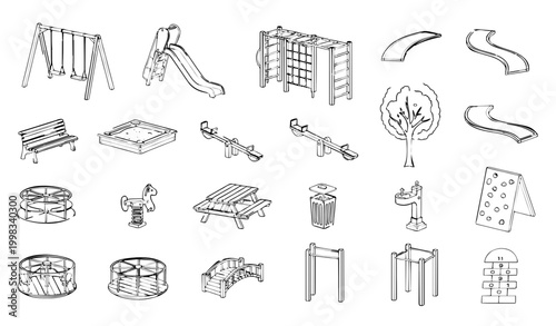Playground CAD drawing vector set park equipment swings slide seesaw outline plan icons