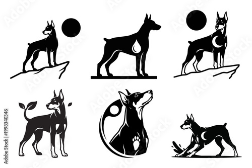 Doberman guard dog silhouette icons with alert poses