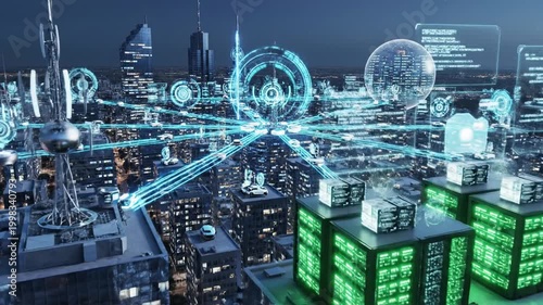 A futuristic cityscape at night showcases a large building with a glowing server room and a transparent dome atop it.