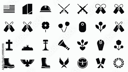 Set of thirty minimalistic black military and remembrance icons arranged in a clean grid layout for patriotic memorial graphic design and veteran commemoration projects