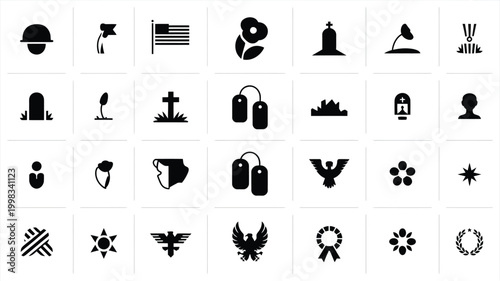 Collection of minimalist black icons representing remembrance military service and solemn occasions featuring symbols like tombstones flags poppies medals and memorial wreaths