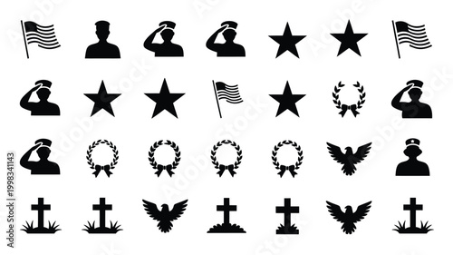 Patriotic american symbols collection silhouettes of saluting soldiers waving flags stars laurels eagles and gravestones representing military service honor and remembrance
