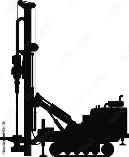 Black silhouette vector illustration of a rotary drilling rig. Geothermal exploration and heavy construction machinery. Concepts for web design and app UI in solid monochrome style.