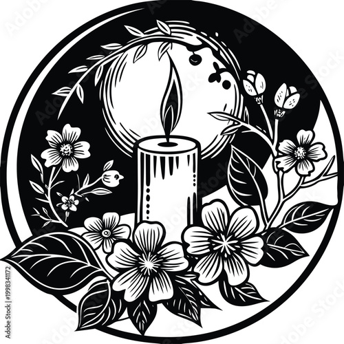 Black and white, moonlit candle, floral wreath, vector illustration, line art, mystical symbols