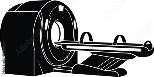 Black silhouette vector illustration of a medical imaging scanner. Radiology equipment and clinical diagnostic technology. Concepts for web design and app UI in solid monochrome style.