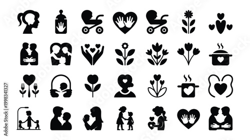 Modern silhouette icon set representing family love parenthood care and growth with delicate floral and heart motifs ideal for diverse applications