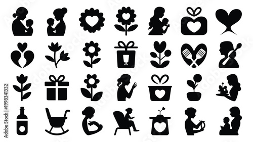 Collection of vector icons representing motherhood family bonds love and caregiving activities featuring silhouettes and symbolic elements for diverse celebrations and concepts