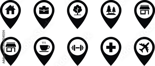 Map location pin icon set with services. These are commonly used in digital maps, navigation apps, and travel guides to help users quickly identify the category of a specific location.