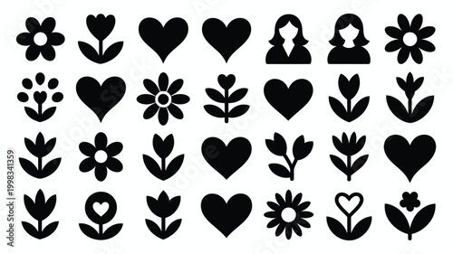 Collection of hand drawn style silhouette icons featuring flowers hearts and female figures on a clean white background representing love nature and femininity in graphic design