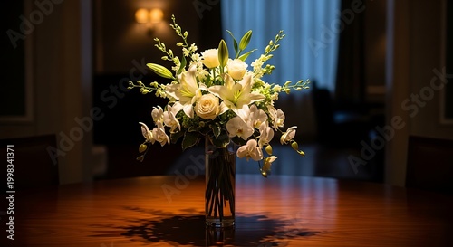 Elegant Floral Arrangement with White and Peach Roses in a Dark Room.