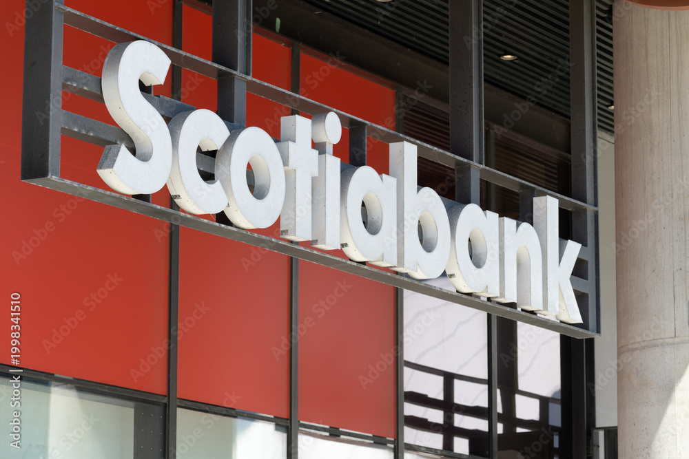 Fototapeta premium grungy Scotiabank sign at 436 Front St W, Unit 38, inside The Well, Toronto