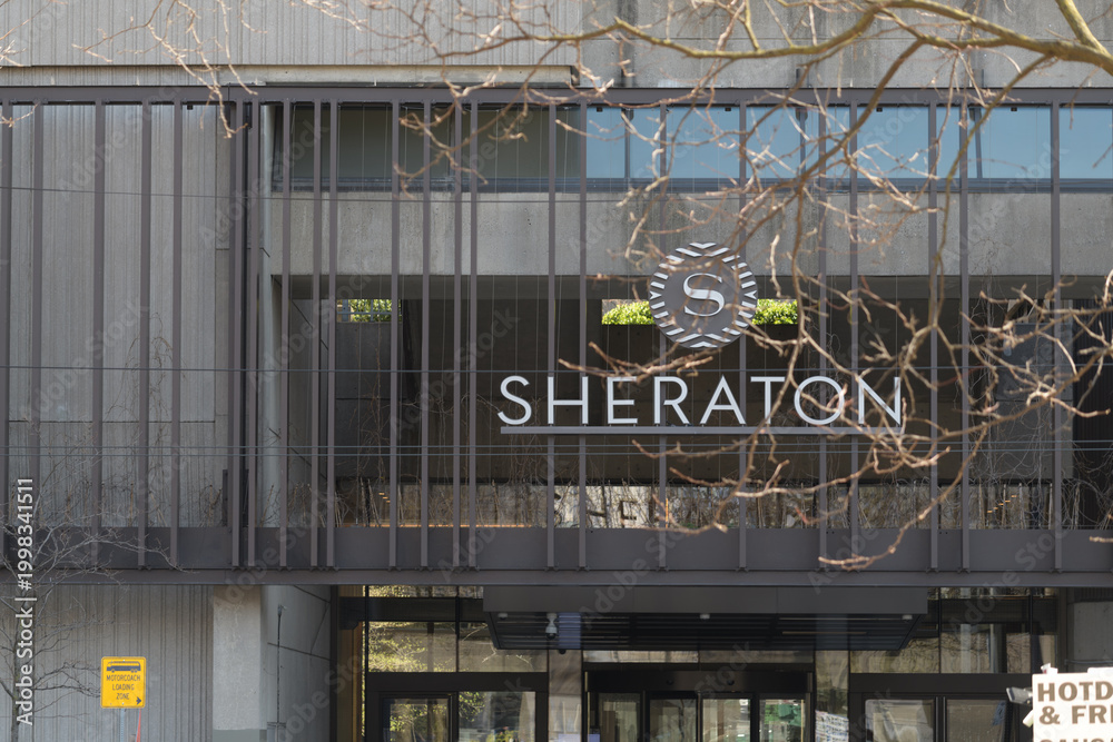 Naklejka premium exterior facade and sign of Sheraton Centre Toronto Hotel (principal entrance 123 Queen St W)