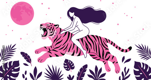 Woman riding a roaring pink tiger under a moonlit sky with tropical foliage and cosmic stars vector design.