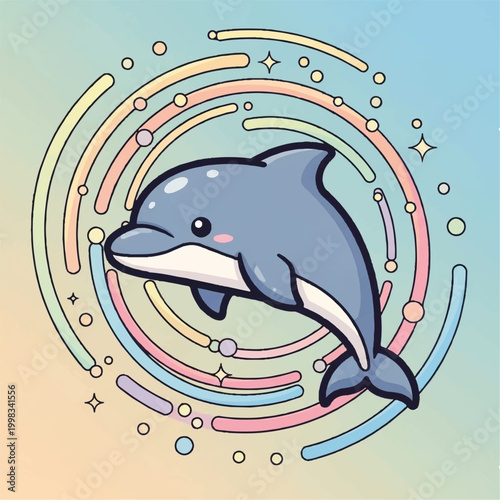 Cute Cartoon Dolphin Swimming Gracefully.