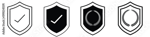 Set of 4 different style shield icons. Flat style shield set for antivirus, privacy, approval, secure access, vector illustration.