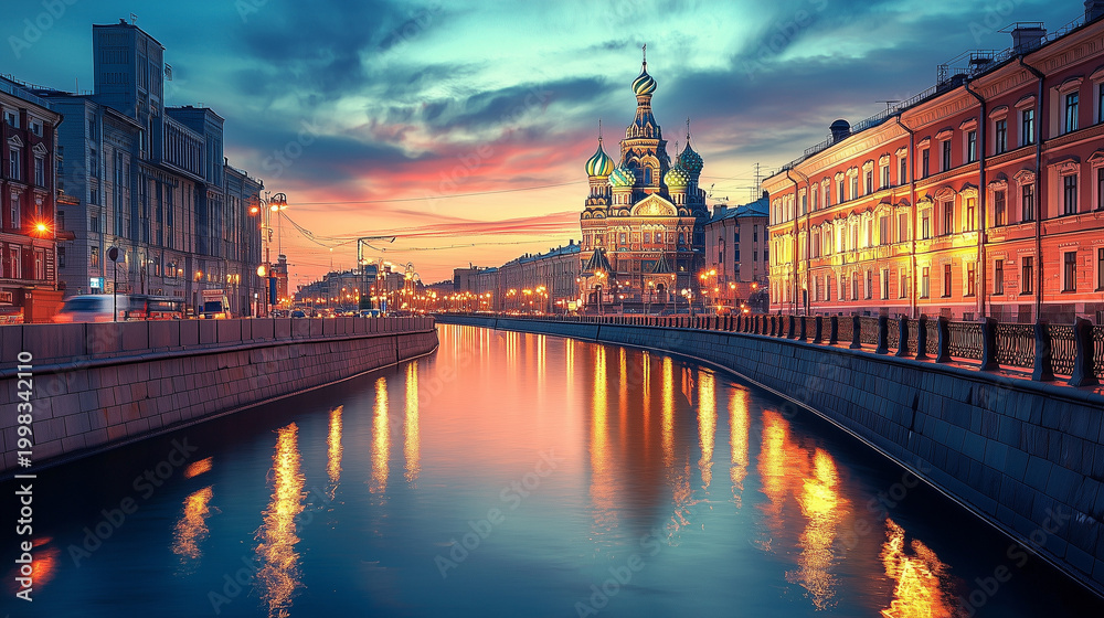 Obraz premium City view at sunset, tranquil evening, reflections on water, Saint Petersburg